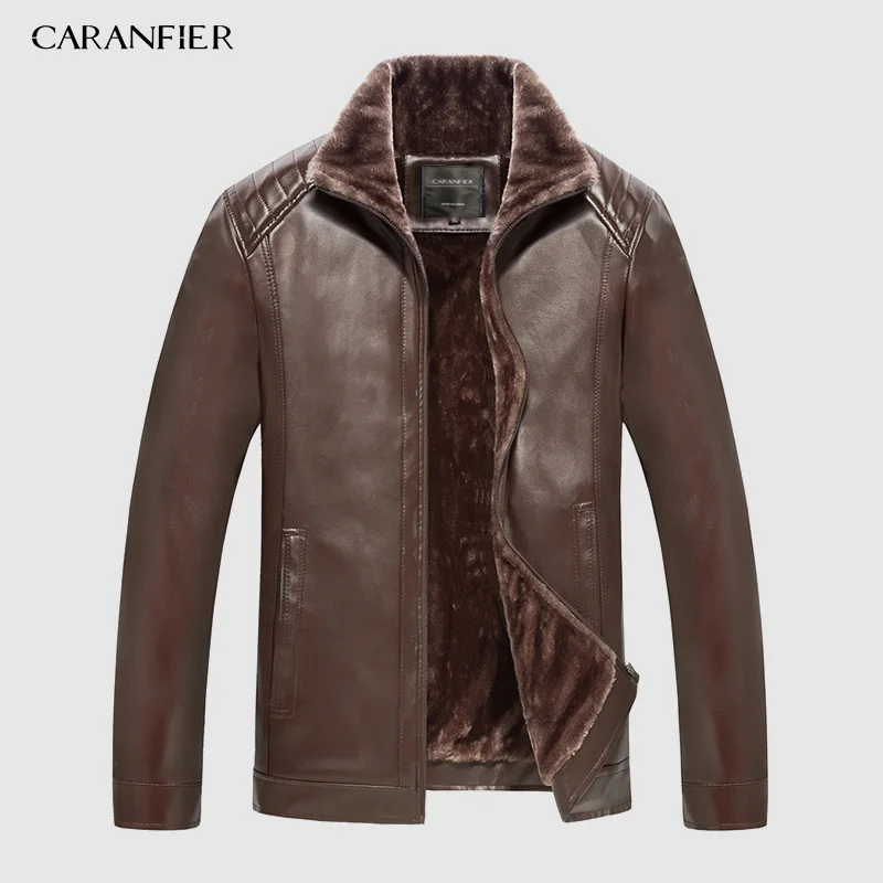 001Brown CARANFIER, новинка, зимняя мотоциклетная мужская кожаная куртка, Мужская ветровка, Куртки из искусственной кожи, мужская верхняя одежда, теплая бейсбольная куртка из искусственной кожи, Размер 4XL - Color: 001Brown