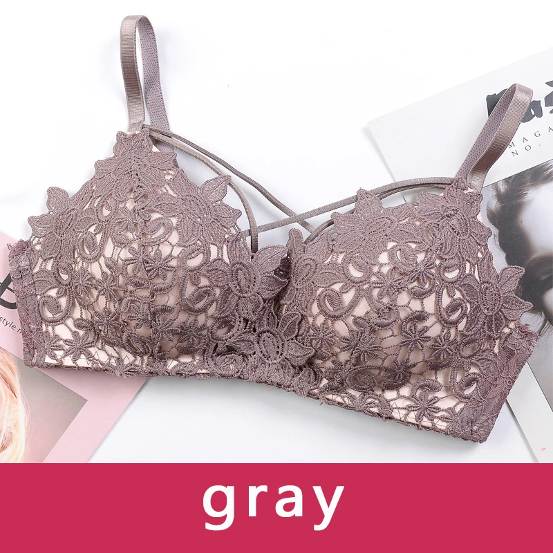 gray Thin cup lace seamless Gathering no steel support bras for women sexy push up bra pushup womens bras comfy fashion wireless bra - Цвет: gray