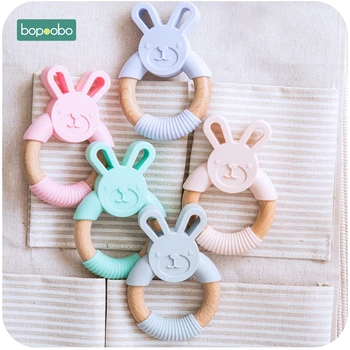 Bopoobo 5pc Food Grade Beech Wooden Teether Ring Baby Training  Chewable Rabbit Teethers Diy Pendant Accessories Baby Products 1