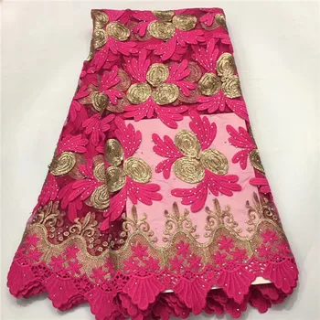 

Fuchsia+Gold African lace fabric,embroidered flower net lace,high quality Nigerian lace fabric with stone for wedding dress E10