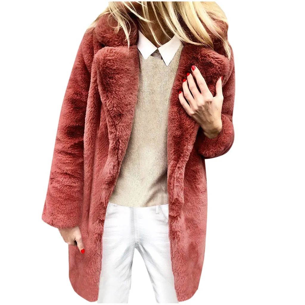 Женское женское теплое пальто, куртка с отворотом, зимняя длинная верхняя одежда, топы, Осень-зима, теплое плюшевое пальто, женские вечерние пальто 8,29 - Цвет: RD