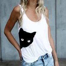 T-Shirt à col rond pour femmes, débardeur en coton avec chat Pinrt, Sexy, ample, décontracté, à la mode, été