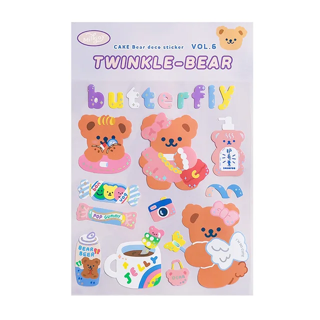 Mohamm 1Pc Milkjoy Series Korean Style Glittery Bear Stickers Decoration Scrapbooking Paper Creative Stationary A