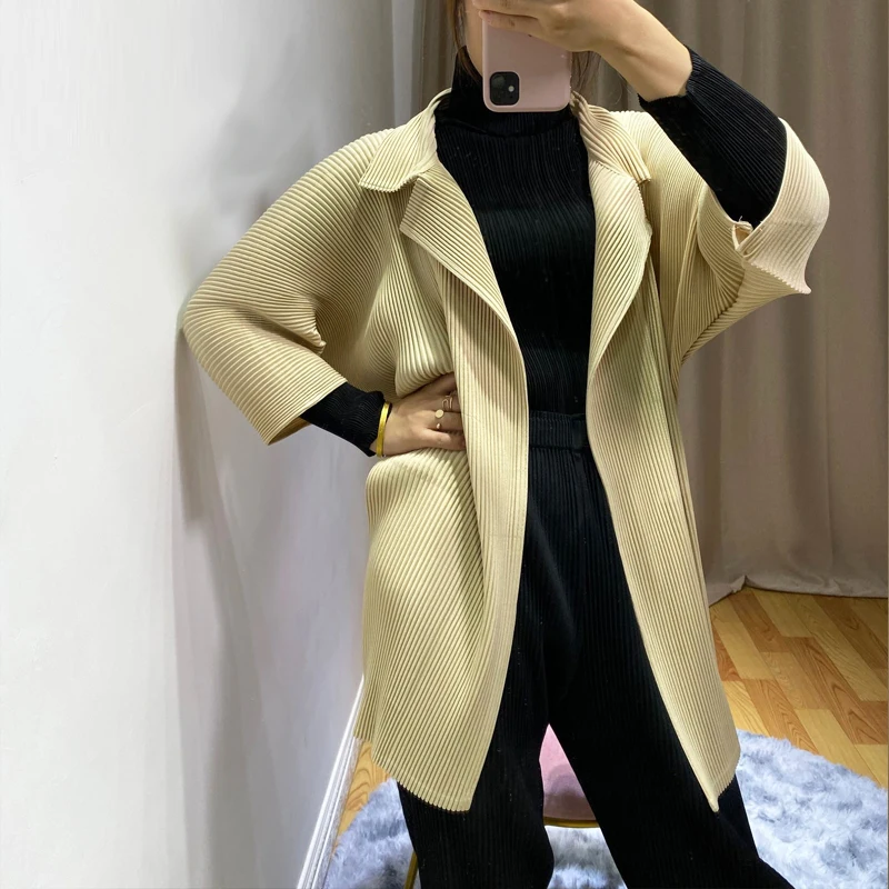 Горячая Miyake модный Джокер складывающийся три четверти чистый цвет пальто с отложным воротником пальто
