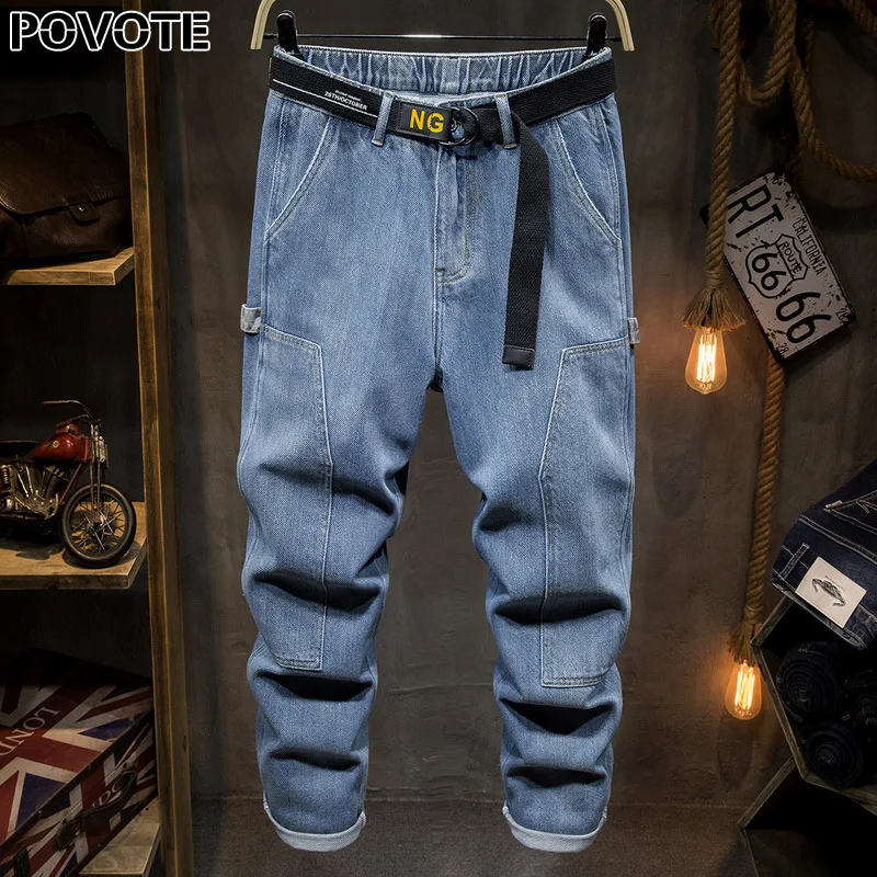 

POVOTE 2020 new jeans with holes men's slim fit, elastic and retro Leggings trend European and American Jeans Blue