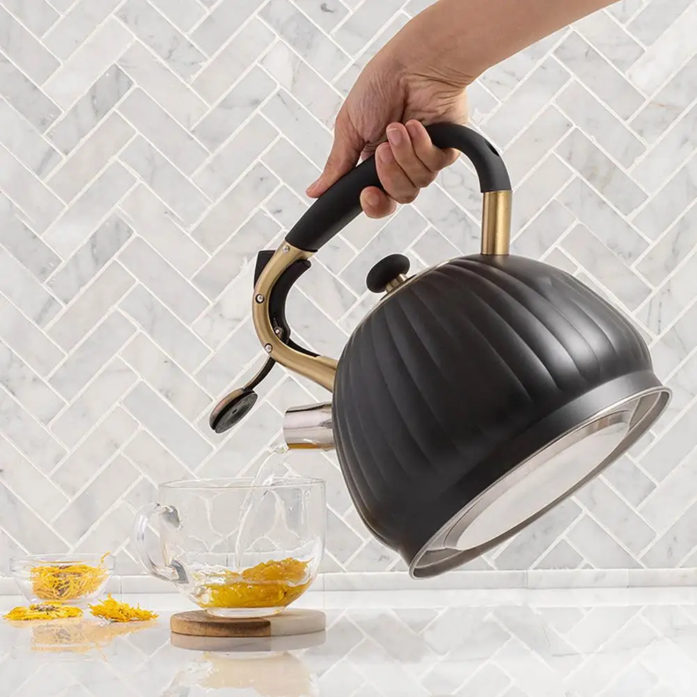 3.5L Whistling Kettle Black Pumpkin Shape Stainless Steel Tea Kettle With Heat-Proof Handle Universal Teapot for All Stovetops