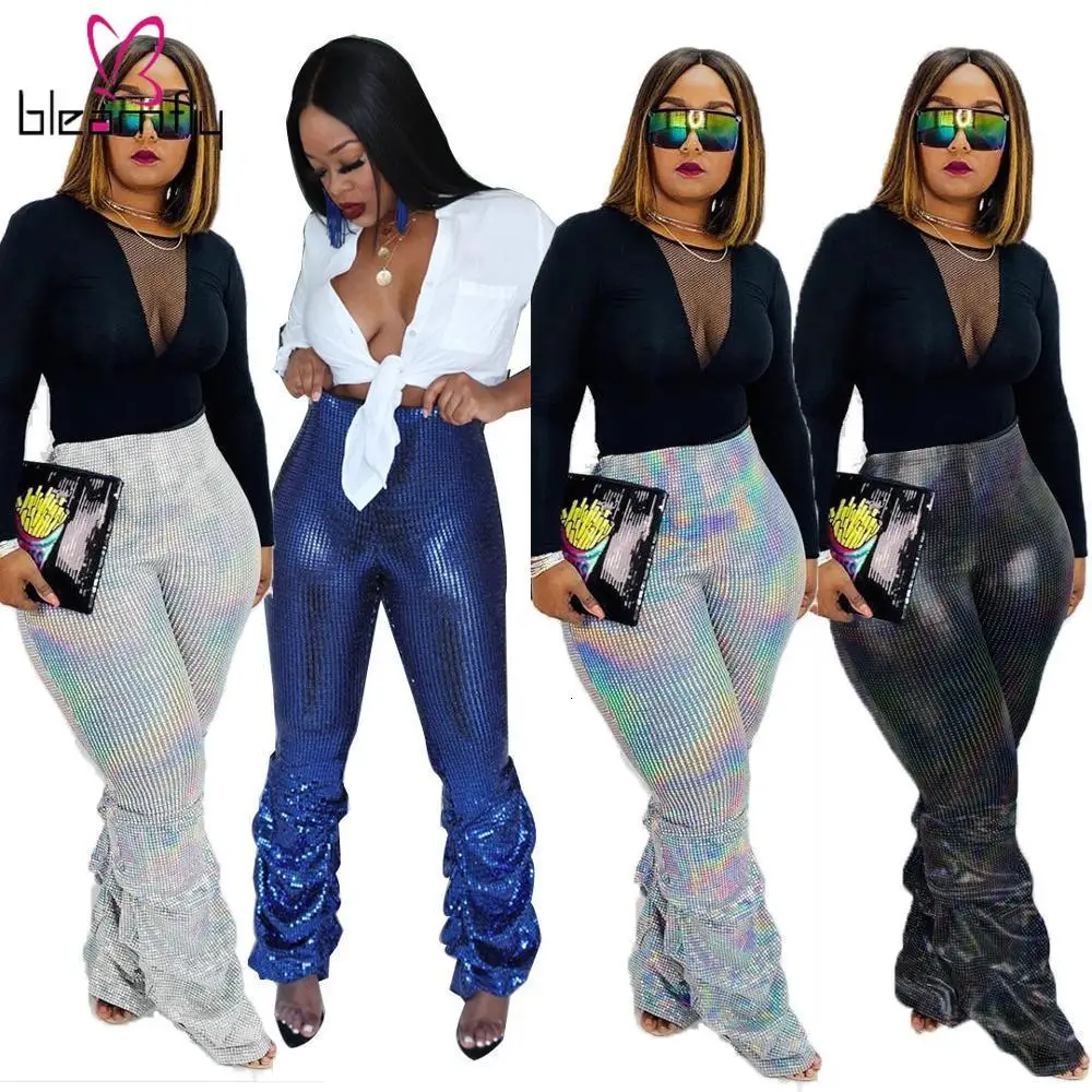 

Winter Autumn Women Sexy Club High Waist Sequins Draped Hem Pants Gothic Active Wear Elegant Sequined Bling Long Trousers 2019