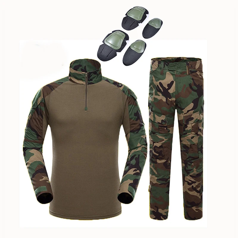 Тактическая камуфляжная Военная униформа одежда костюм для мужчин армии США Мультикам страйкбол боевая рубашка+ брюки карго наколенники - Цвет: Woodland Camo
