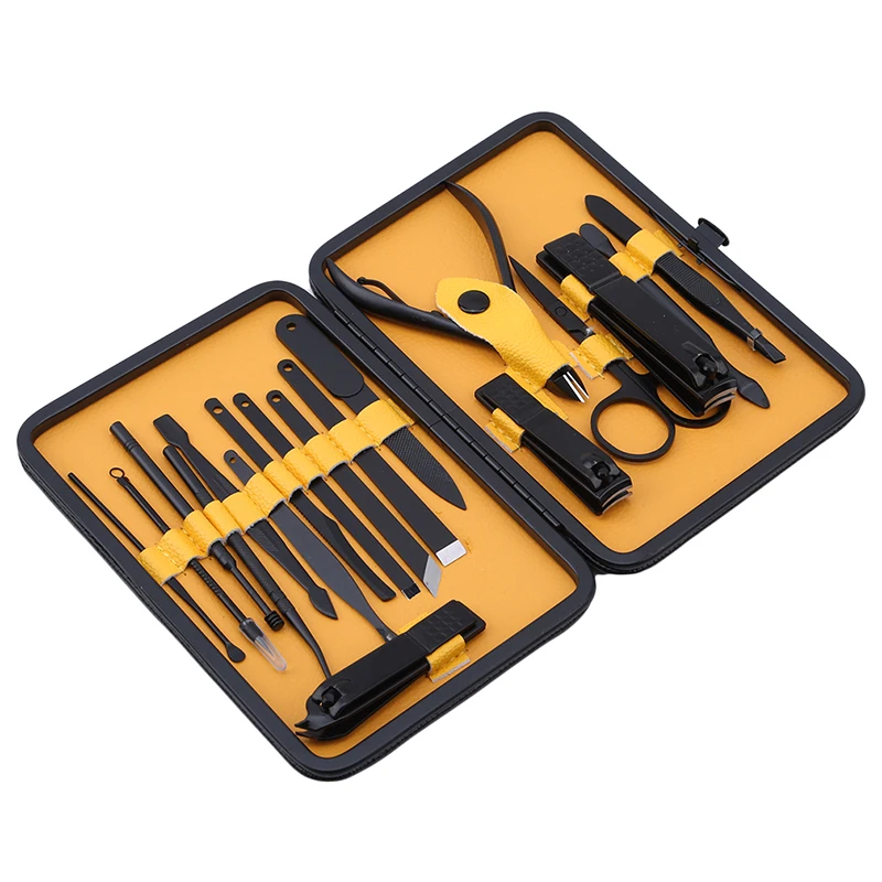  18pcs With Black PU Leather Case Manicure Set Nail Clipper Kit Pedicure Care Tools Black Men Groomi