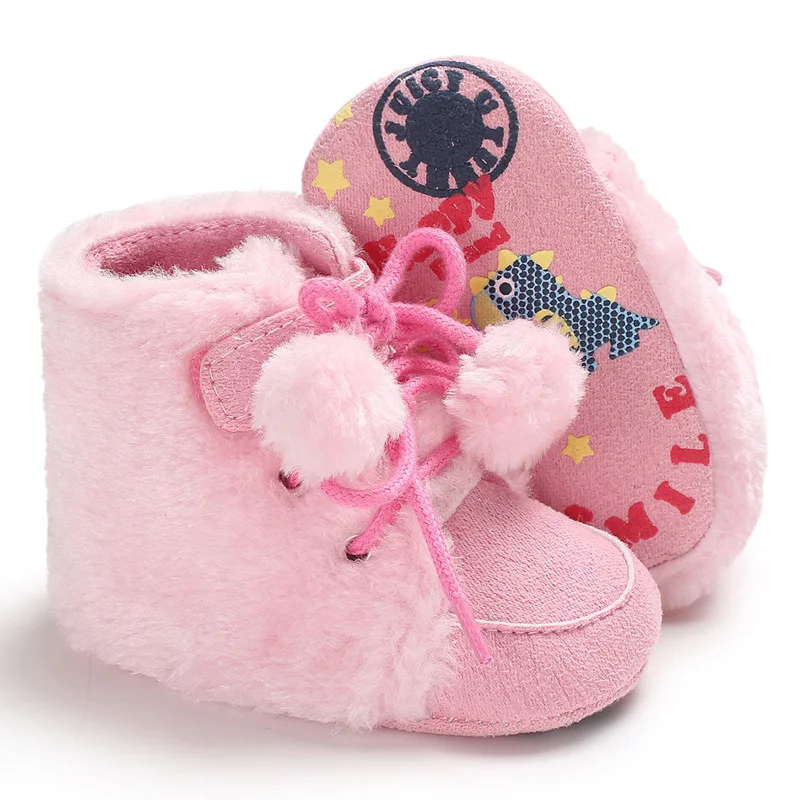 winter style of baby shoes cotton first walkers baby shoes soft sole warm and plush fur ball snow boots