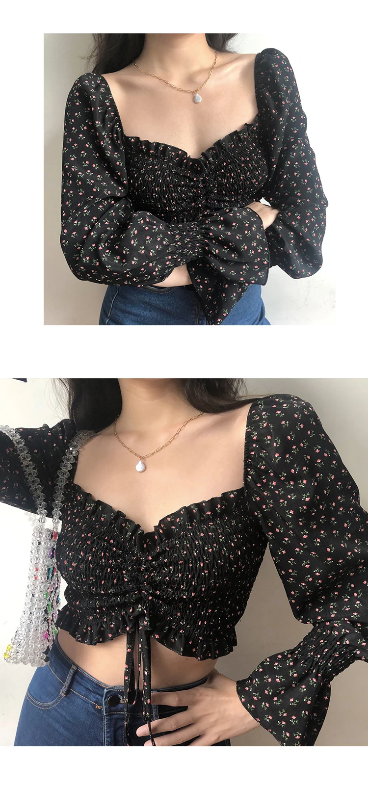 BKCJQA Ladies Early Autumn Retro Square Collar Small Floral Long-Sleeved Shirt Female Drawstring Umbilical Shirt