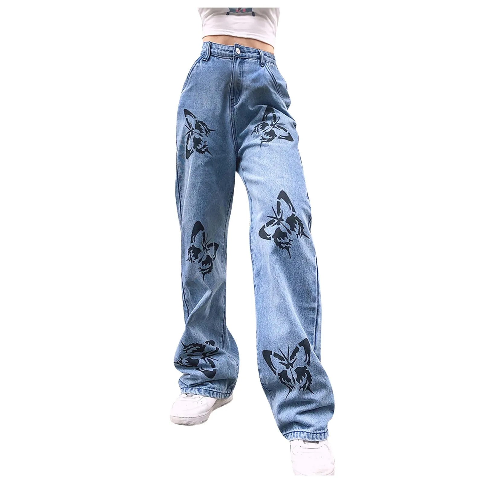 Jaycosin-pantalones vaqueros holgados de cintura alta para mujer, pantalón largo informal con cremallera y estampado, talla grande, 2021