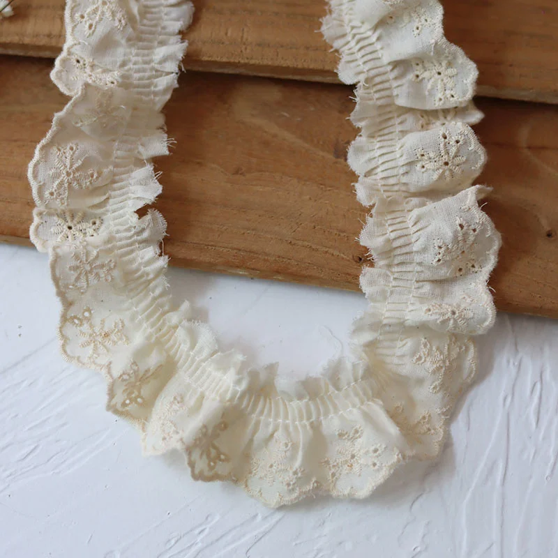 3CM Wide Beige Cotton Pleated Fabric Embroidered Lace Fringe Ribbon Dress Guipure Neckline Cuffs Ruffle Trim DIY Sewing Decor
