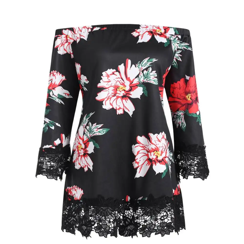 

Off The Shoulder Floral Print Pattern Lace Trim Plus Size Blouse Neckline Hemlines Elegance Lineup Three Quarter Sleeve
