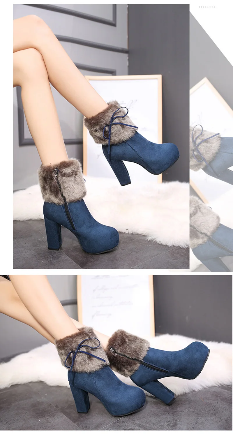 Г. Зимняя обувь женские сапоги на высоком каблуке меховые теплые модные сапоги для женщин, зимние сапоги на высоком квадратном каблуке 10 см A1658