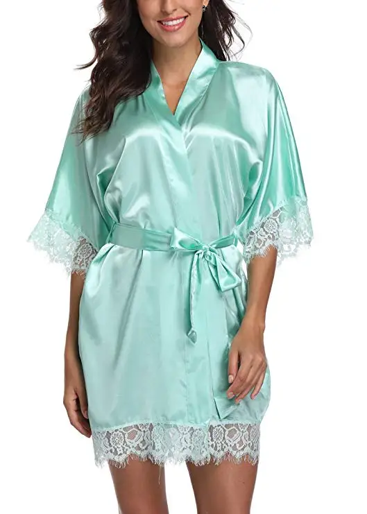 New Fashion Women's Bathrobes Satin Robe Nightgown Sleepwear Pajamas Lingerie Night Mini Dress Lace Sexy Halt Sleeve