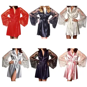 

Womens Sexy Sheer Eyelash Floral Lace Sleeves Bath Robe Imitation Silk Open Front Kimono Nightgown Belted Waist Loose Sleepwear