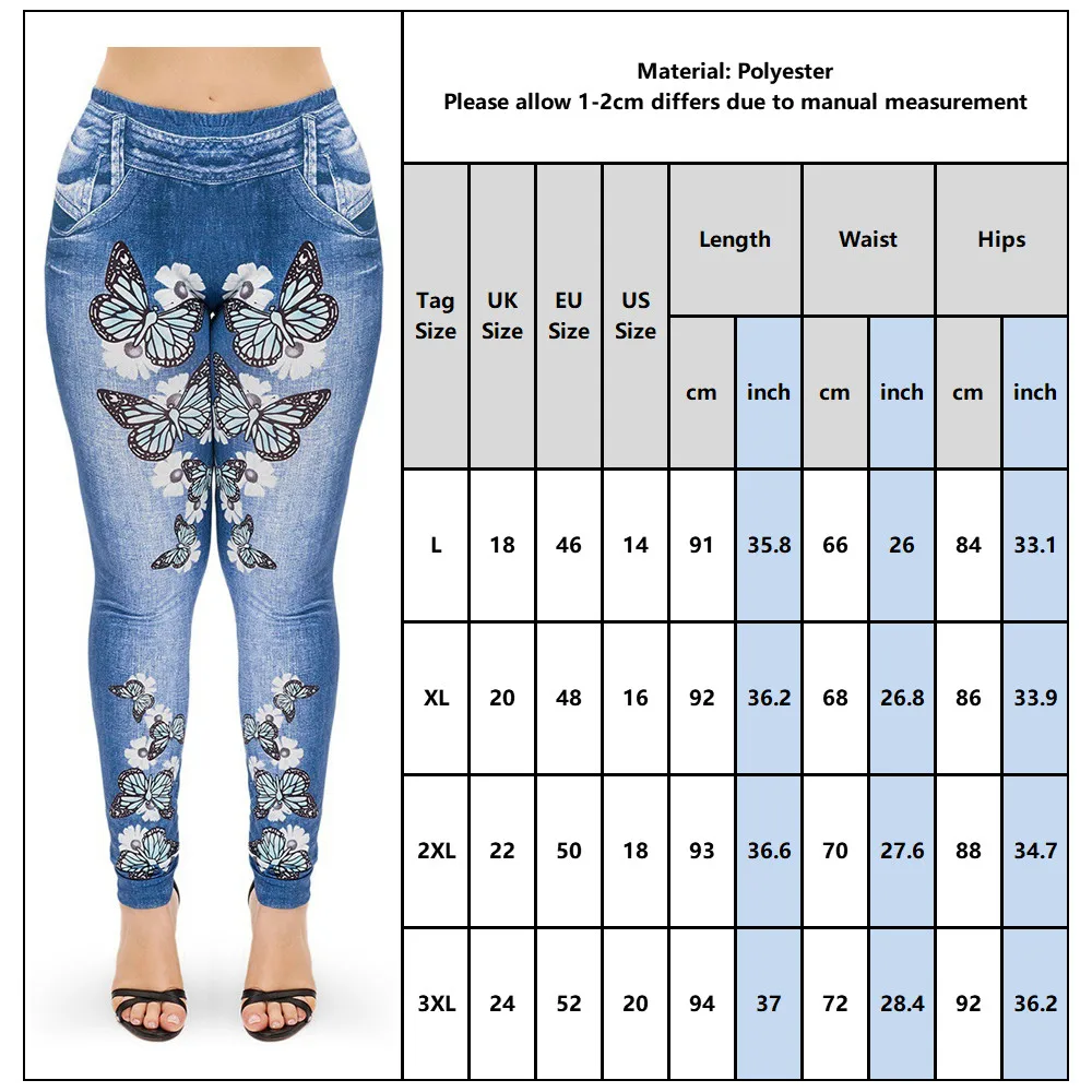 Plus Size Women Leggings Floral Print Pencil Faux Denim Jeans Casual Leggings 6XL High Waist Long Pants Daily Skinny Pant