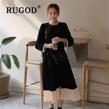 

RUGOD 2020 spring women dress Korean chic o neck ruffles long dresses vestidso Fashion patchwork straight maxi dress Casual