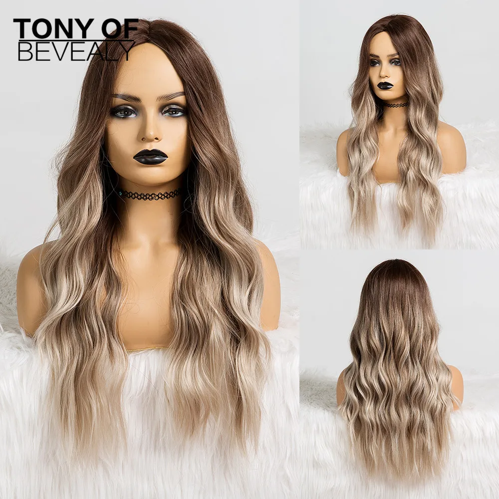 Long Water Wavy Synthetic Wigs Ombre Brown Middle Part Natural Hair Wigs For Women Cosplay Wigs Heat Resistant Fiber