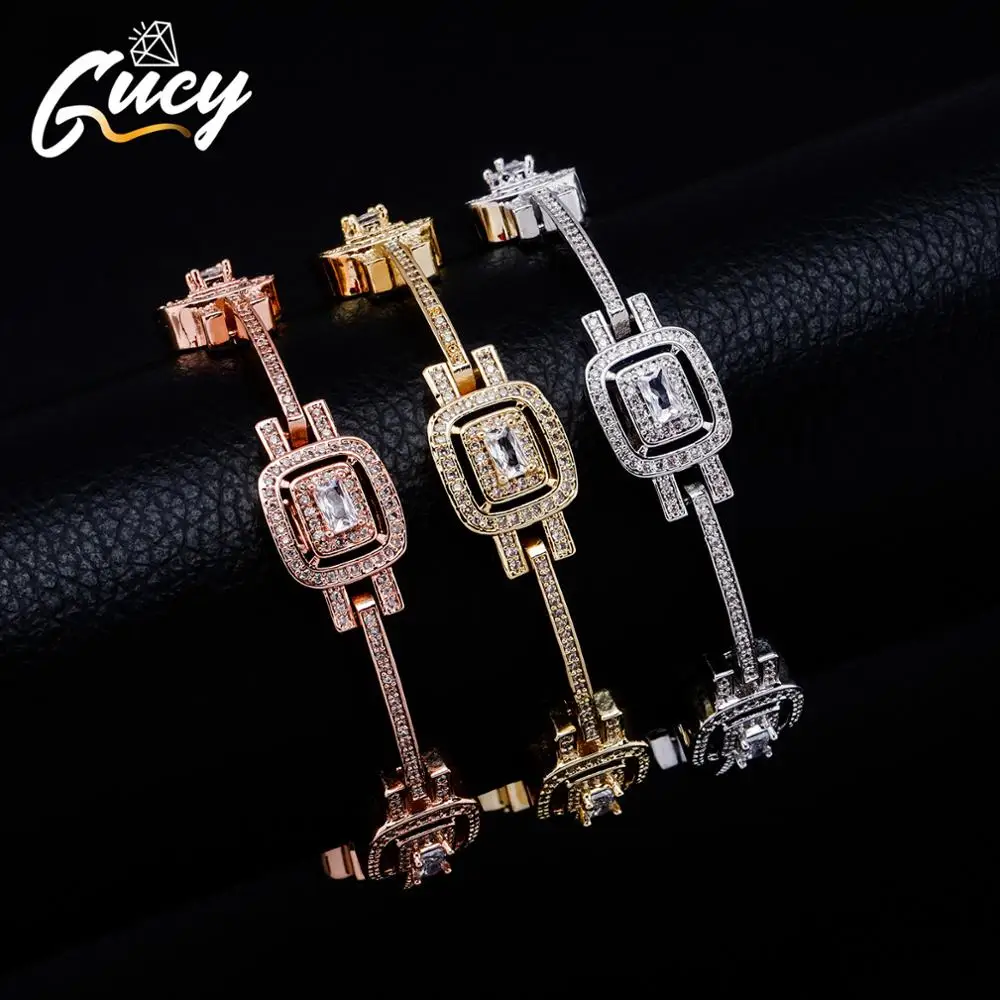 

GUCY 8inch Square Men's Bracelet Chain Hip Hop Link Cubic Zirconia Copper Gold Color Fashion Rock Jewelry
