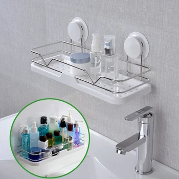 

Dual Strong Suction Cup Bathroom Shelf Kitchen Storage Wall Mounted Holder Bathroom Wall Rack Shower Lotion Organizer Shelf-A