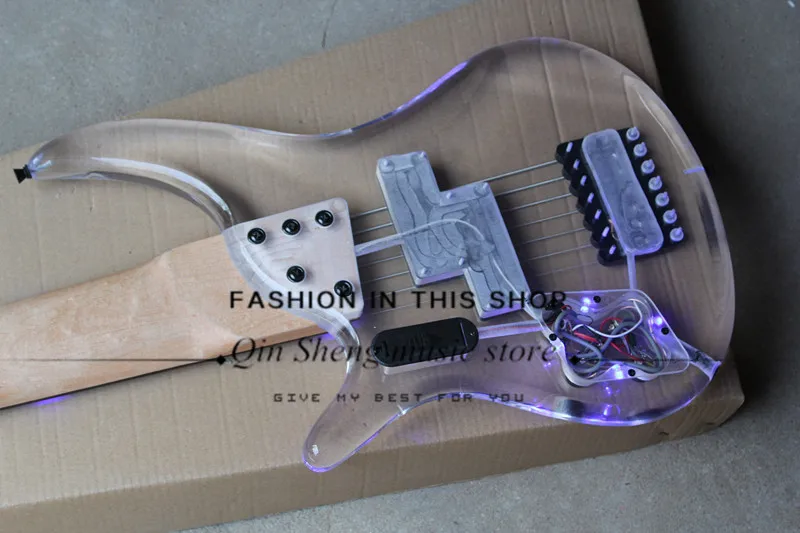 7 струн Акриловая электрическая бас гитара с синим светодиодный гриф, 24 лада, Кленовая шея, комплектующие черного цвета