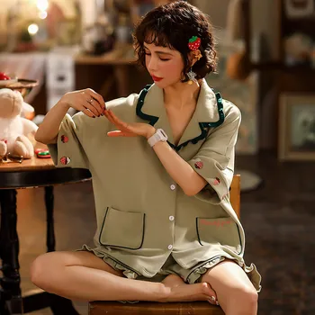 

Hot sale women cartoon cute print 2 piece pajamas shirt lapel summer comfortable pajamas short sleeve pants home service
