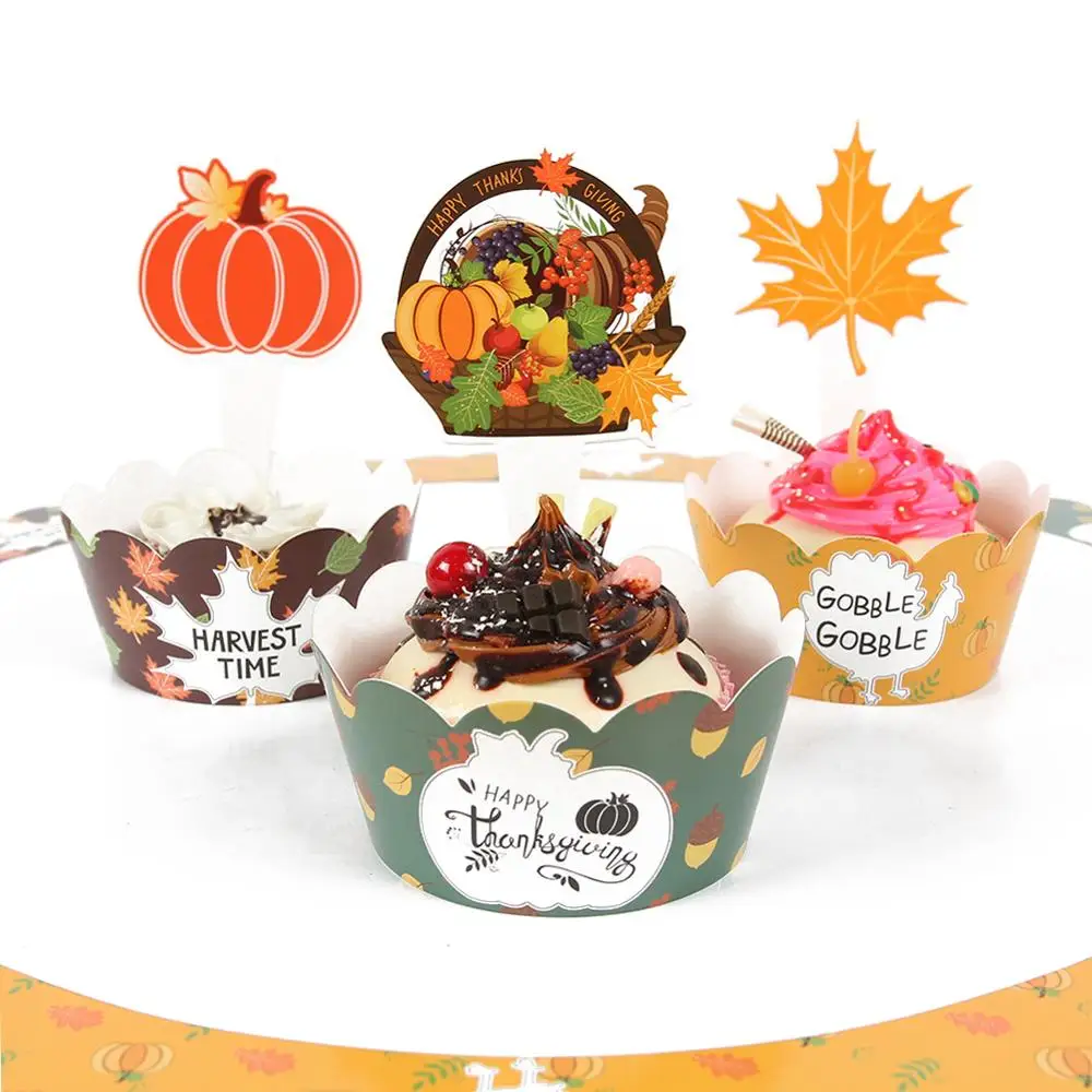 

24pcs Thanksgiving Day Decorations for Home Cupcake Topper Wrapper Kit Gobble Gobble Turkey Pumpkin Fall Harvest Decor Party