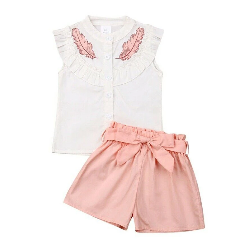 

Girls Clothes 2PCS Kids Sets For Girls Outfits Cartoon Ruffles Sleeveless O-Neck T-shirt Tops+Short Pants Clothes Set Toddlers