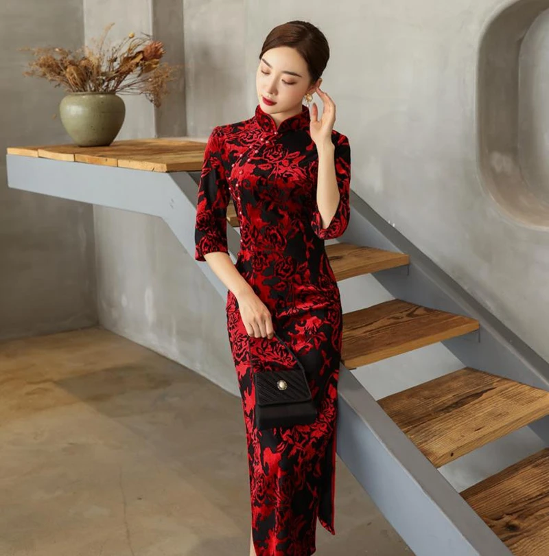 Китайский стиль, свадебное кружевное платье для мамы, осень и зима, Cheongsam, Ретро стиль, элегантное, длинное, тонкое платье, с высокой открытой пяткой, костюмы XL