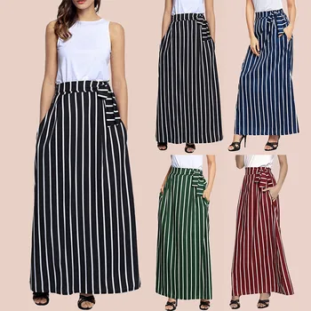 

Women Casual Striped Ankle-length Chiffon Empire Lace-up Vintage Long Skirt Casual Women's Harajuku Skirt Vestido #by