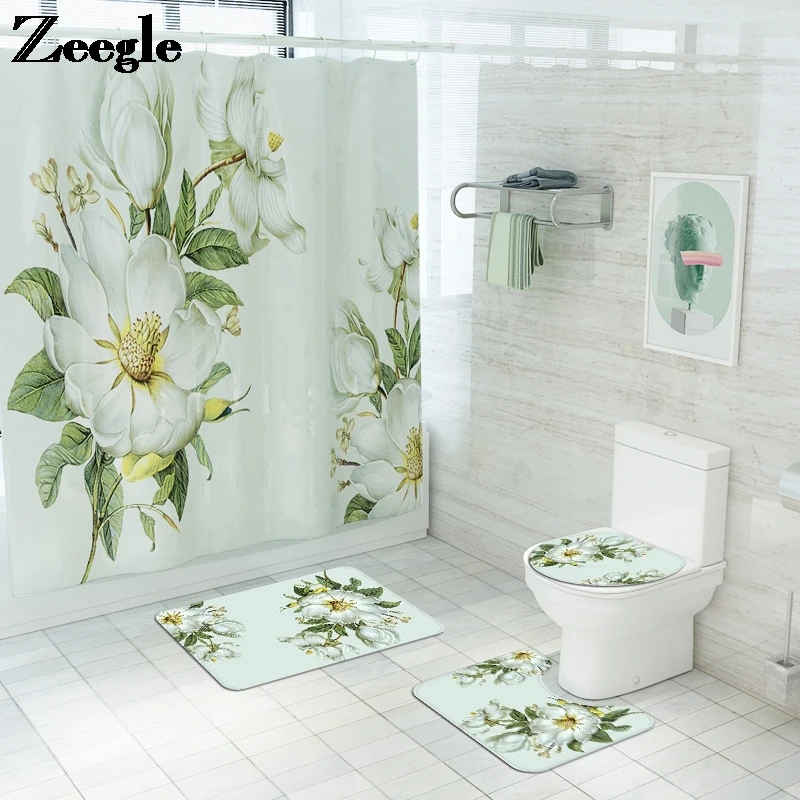 Floral Bathroom Carpet Shower Room Toilet Floor Mat Toilet Seat Cover Mat Bathroom Non-Slip Carpet Mat Set with Shower Curtain