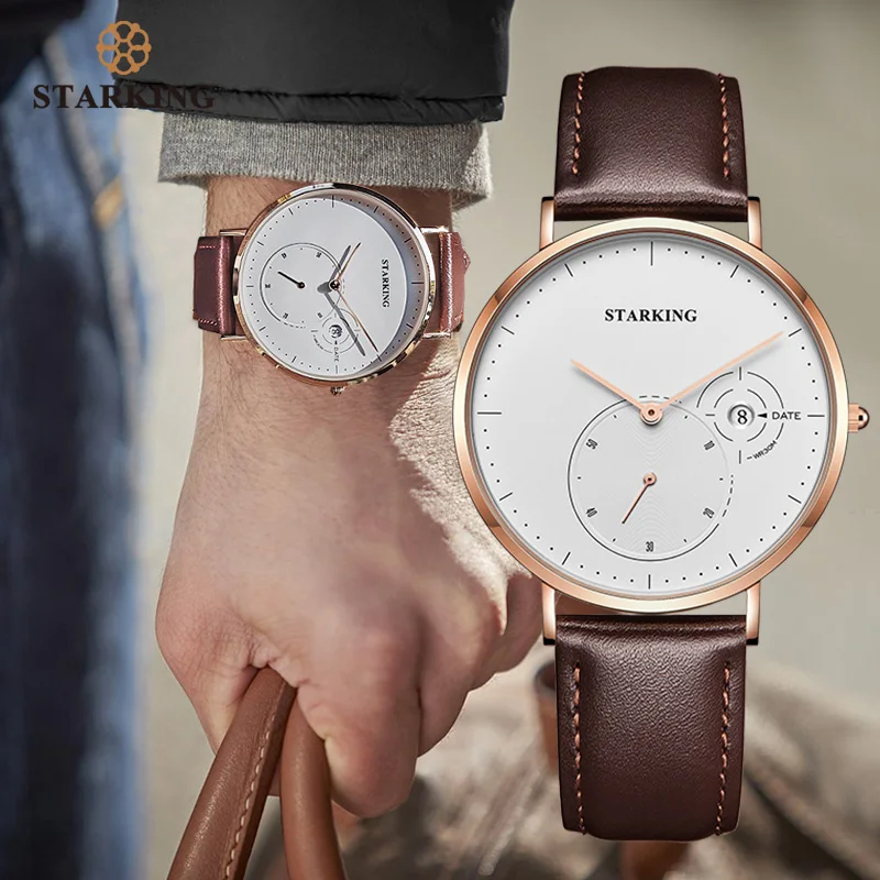 

STARKING Watches Men Simple Steel Stainless Mesh Band Watch Male Quartz Wristwatches With Auto Date Display Relogio Masculino
