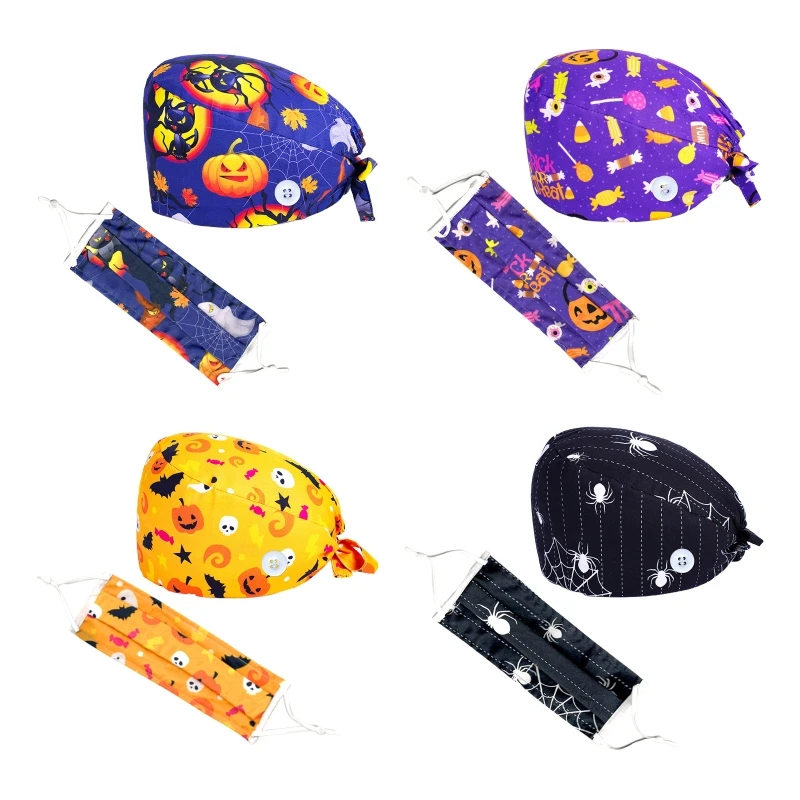 

2Pcs Halloween Bouffant Scrub Cap with Dustproof Face Mask Set Cartoon Pumpkin Spider Tie Back Buttons Turban Hat