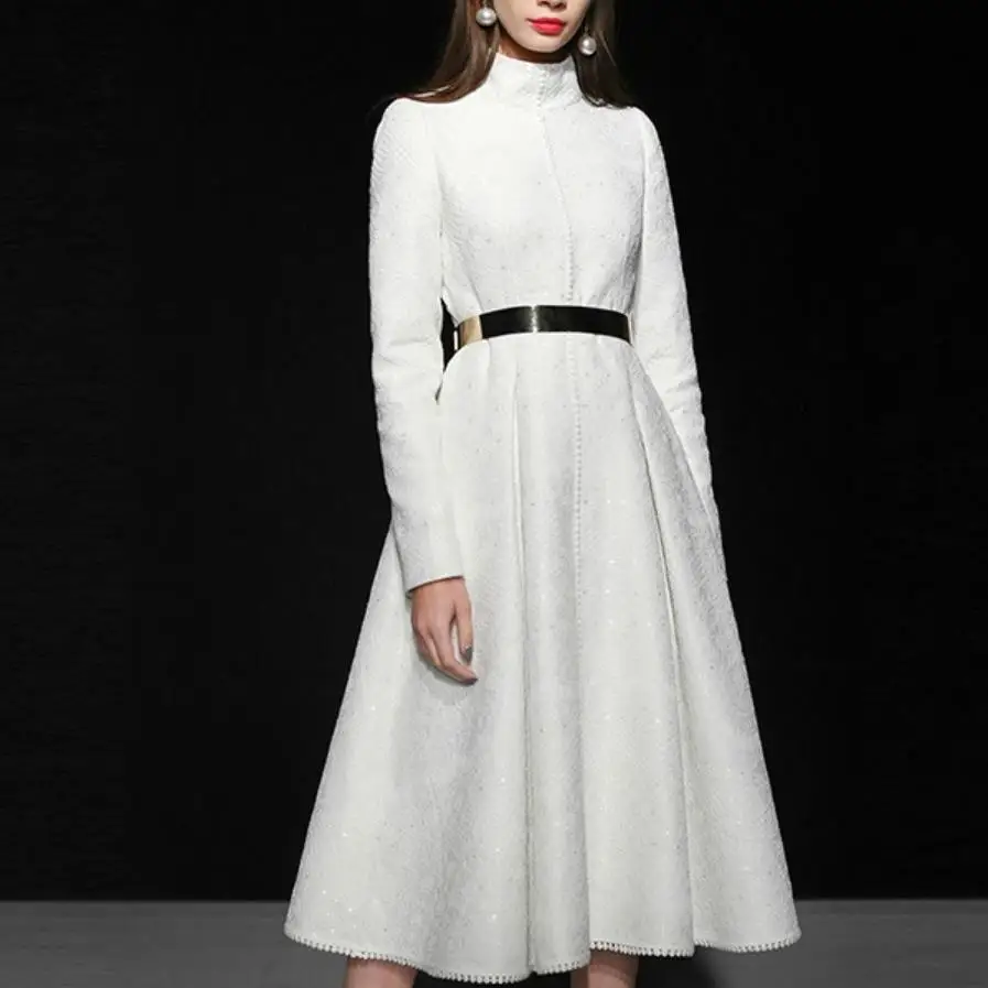 Autumn and Winter OL White woolen dress a-line