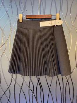 

2020 Spring and Summer New Women's Side Buckle Belt Waist Hugging Pleated Stitching Decorations Skirt 610