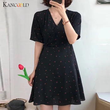 

KANCOOLD dress Fashion Women Floral Print Vintage Short Sleeve Beach Holiday Floral Retro Dress Sashes new dress women 2019DEC23