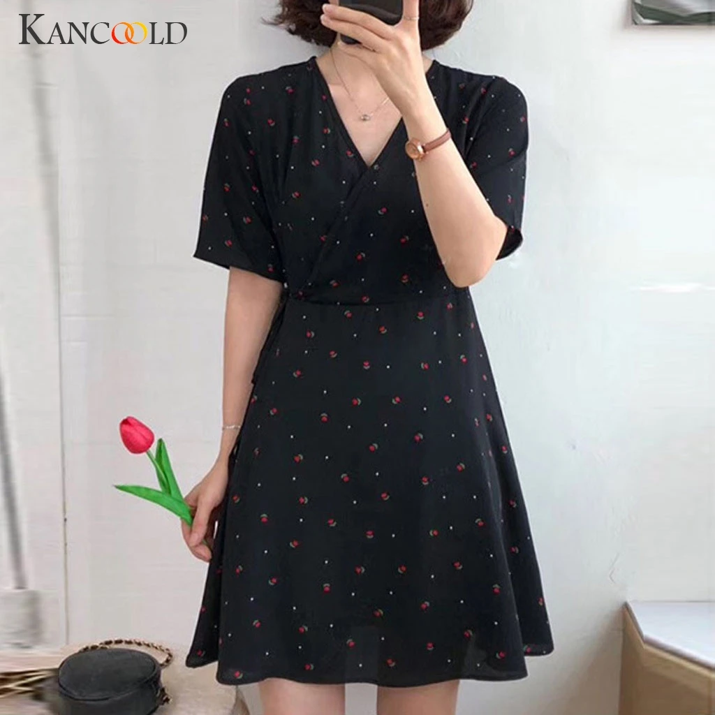 KANCOOLD платье модное женское винтажное с цветочным принтом и коротким рукавом
