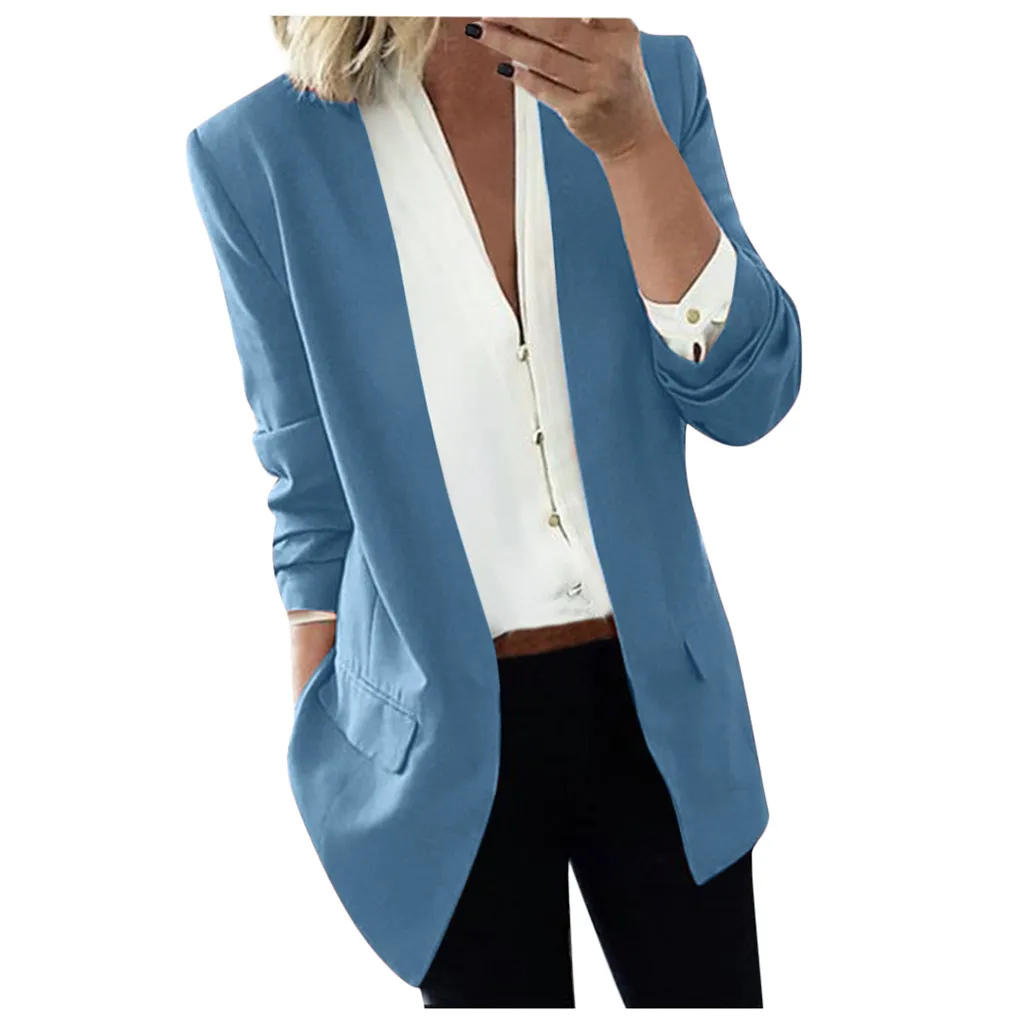 Повседневное однотонное пальто с длинным рукавом и отложным воротником, Дамская деловая куртка, Приталенный топ, женские блейзеры, женские блейзеры - Цвет: Light Blue