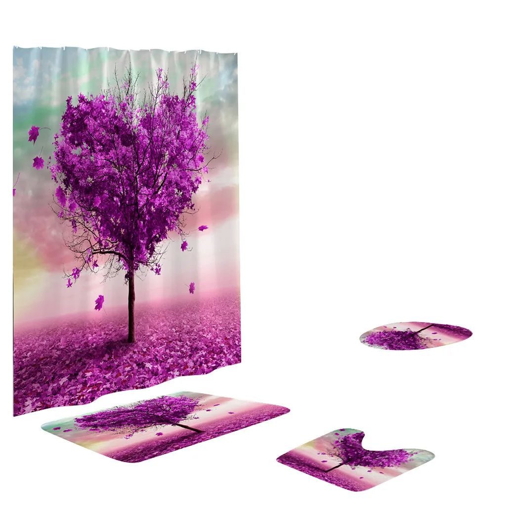 

4 Pcs Tree Flowers Plants Scenery Pattern Non Slip Toilet Soft Polyester Cover Mat Set Bathroom Accessories Shower Curtain Set