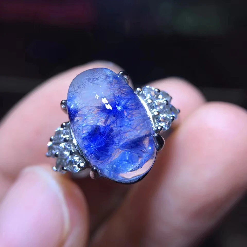

Natural Blue Dumortierite Rutilated Quartz Stone Crystal Silver Adjustable Ring 14x10mm For Woman Men Rings Jewelry AAAAA