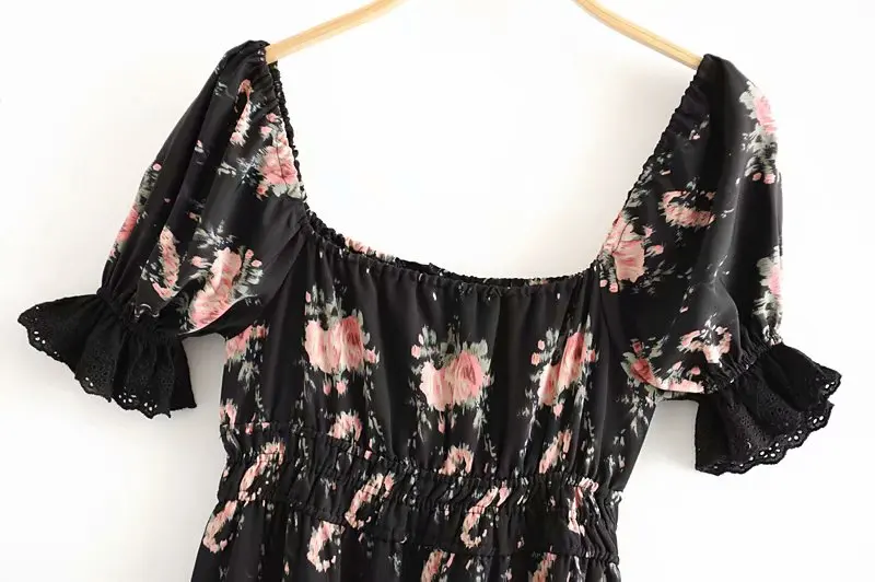 Женское винтажное черное праздничное летнее платье с цветочным принтом, элегантное женское платье с коротким рукавом и квадратным вырезом, тонкое ТРАПЕЦИЕВИДНОЕ пляжное длинное платье в стиле бохо