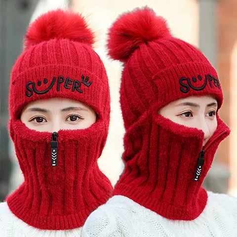 Женская зимняя шапка skullies, Корейская вязаная шапка, кепки, женские шапки с защитой ушей, цельная шапка, женская шапка бини - Цвет: red zipper