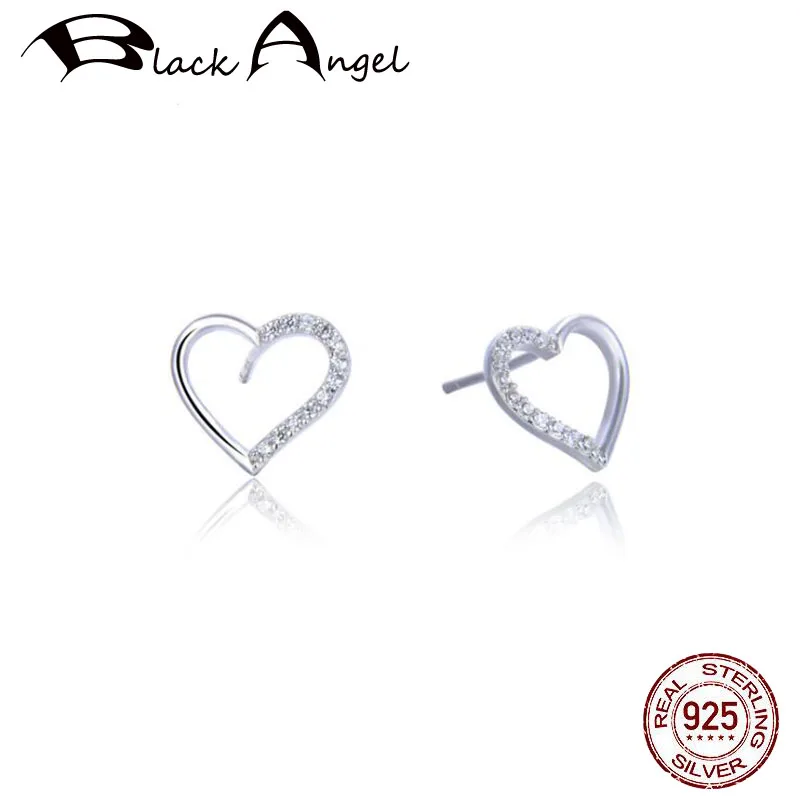 

BLACK ANGEL Hot Sale Authentic 925 Sterling Silver CZ Simple Love Heart Stud Earrings for Women Fine Sterling Silver Jewelry