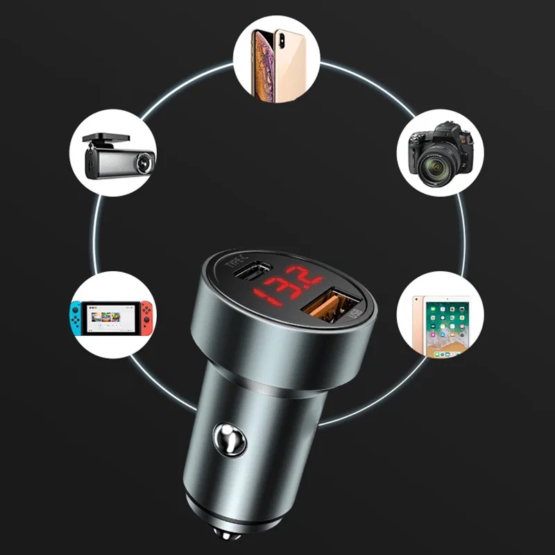 

New Hot Car Charger USB Type-C Port Fast Charging Alloy LED Screen Charger for Vehicle NV99
