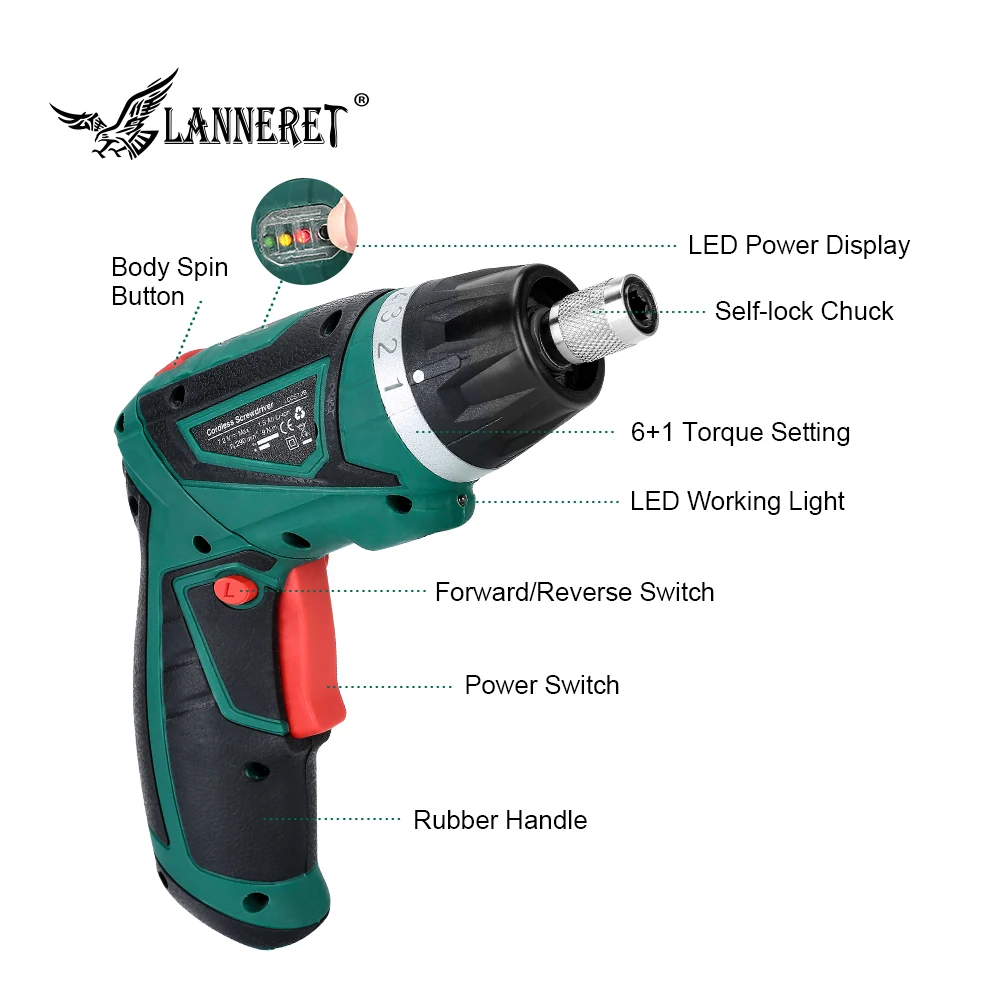 LANNERET 7,2 V АККУМУЛЯТОРНАЯ Отвертка 1500mAh литий-ионная батарея электрическая отвертка Бытовая перезаряжаемая поворотная ручка