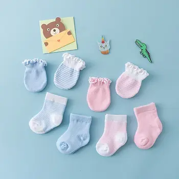 

4 Pair/set Fashion Baby Gloves Socks Set Unisex Infant Newborn Face Protection Anti-grip Anti-scratch Warm Glove E65D