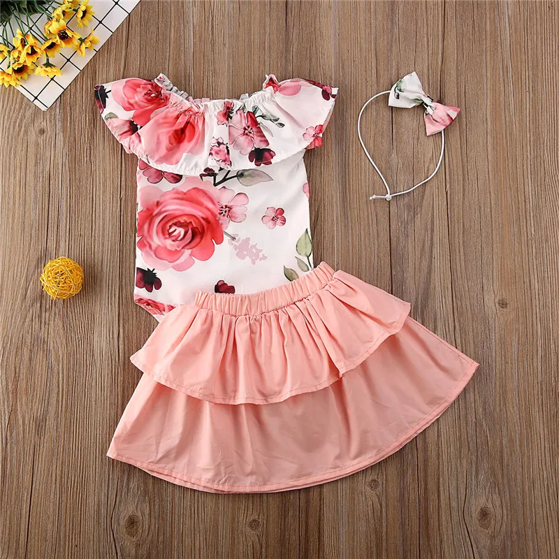 Бренд Pudcoco, Одежда для младенцев, топы с цветочным принтом для маленьких девочек, боди, юбки-пачки, повязка на голову, комплект одежды из 3 предметов