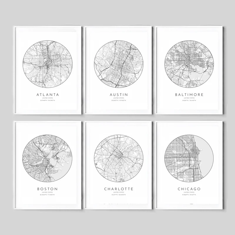 Карта города Атланта США Остин Балтимор Бостон Шарлотта Постер Чикаго холст
